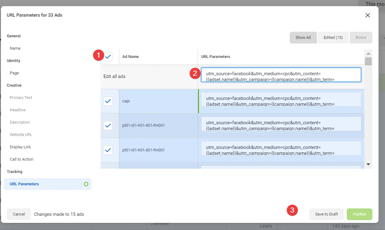 Update tracking template all ads