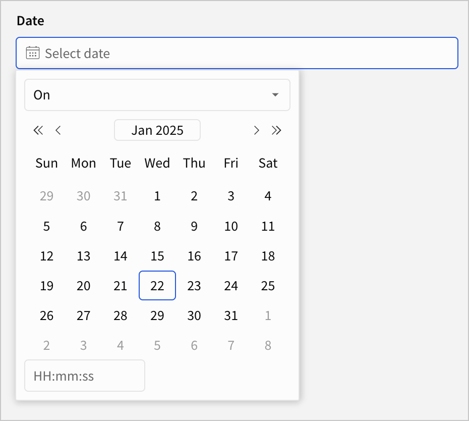 Date control showing the option "On" with the date January 22, 2025 selected.