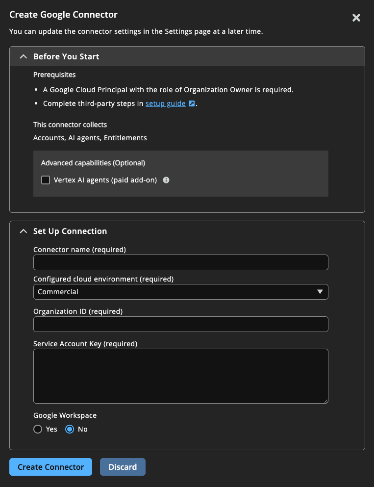 Create Google Cloud connector settings