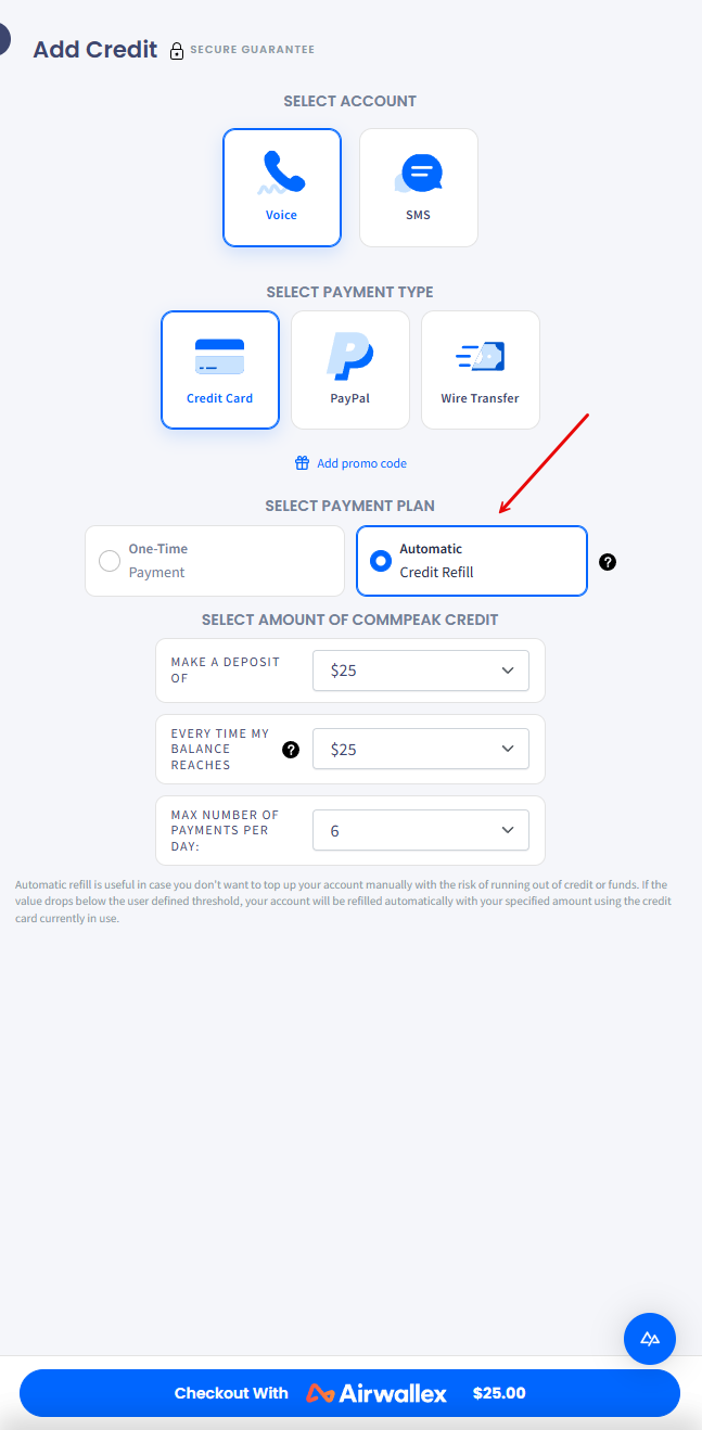 Screenshot of the Select payment method section: : Automatic Credit Refill