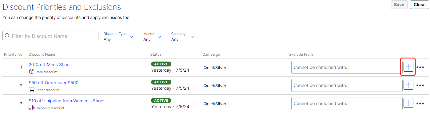 Screenshot of the Cannot be combined with field where users select discounts to exclude from combination.