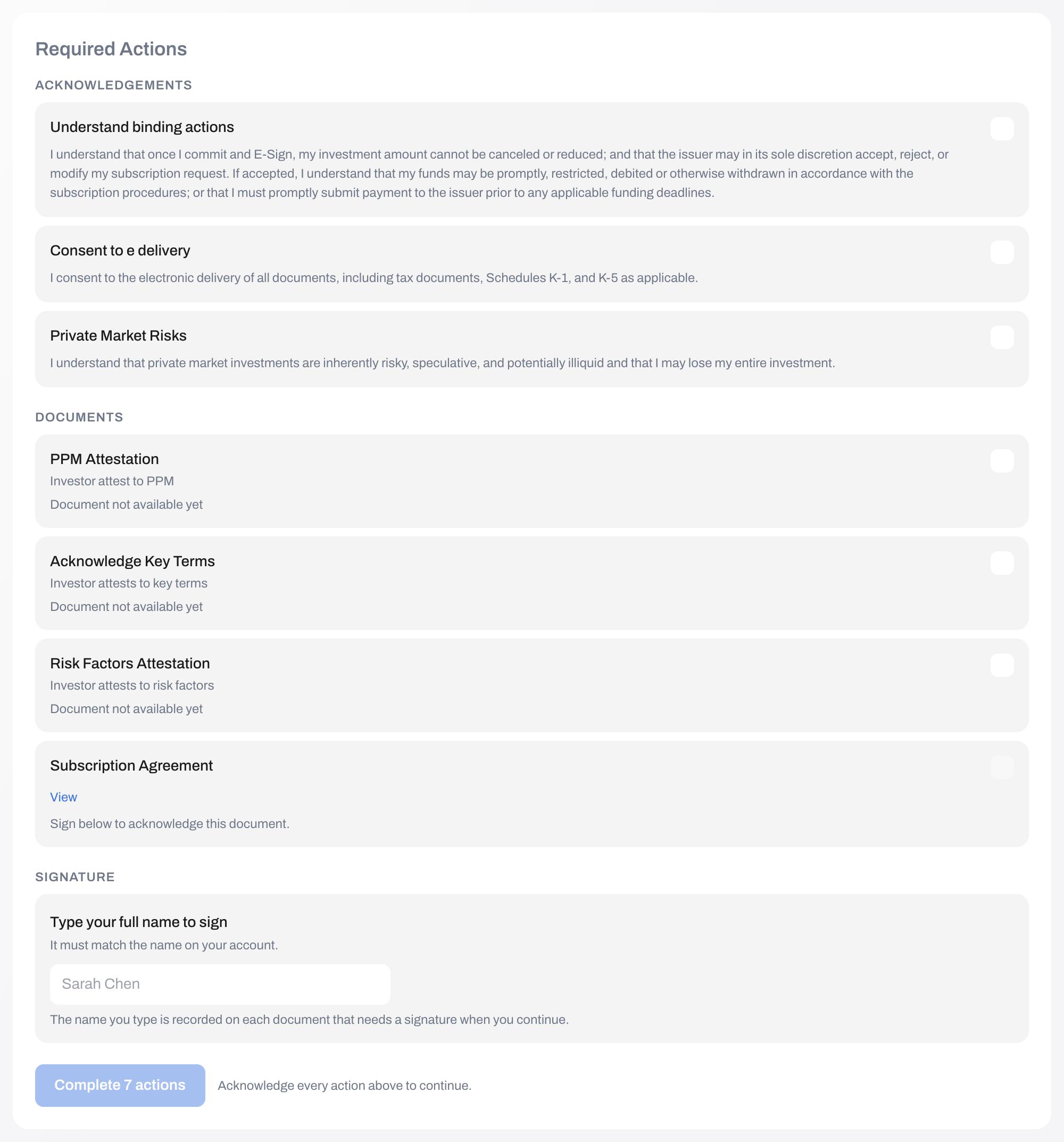 A required-actions screen listing acknowledgements, documents and a signature, with a commit button