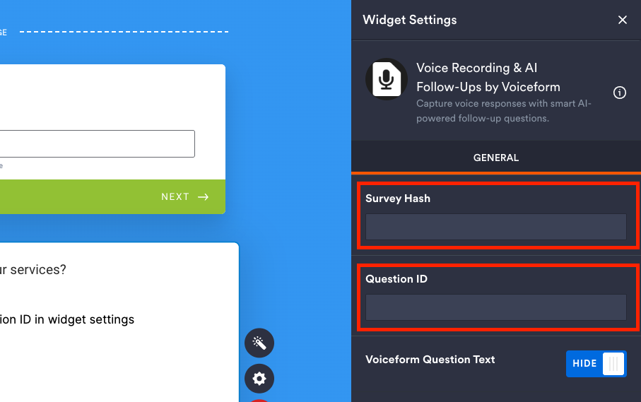 Empty Survey Hash and Question ID parameters on th right side of Widget Settings in Jotform