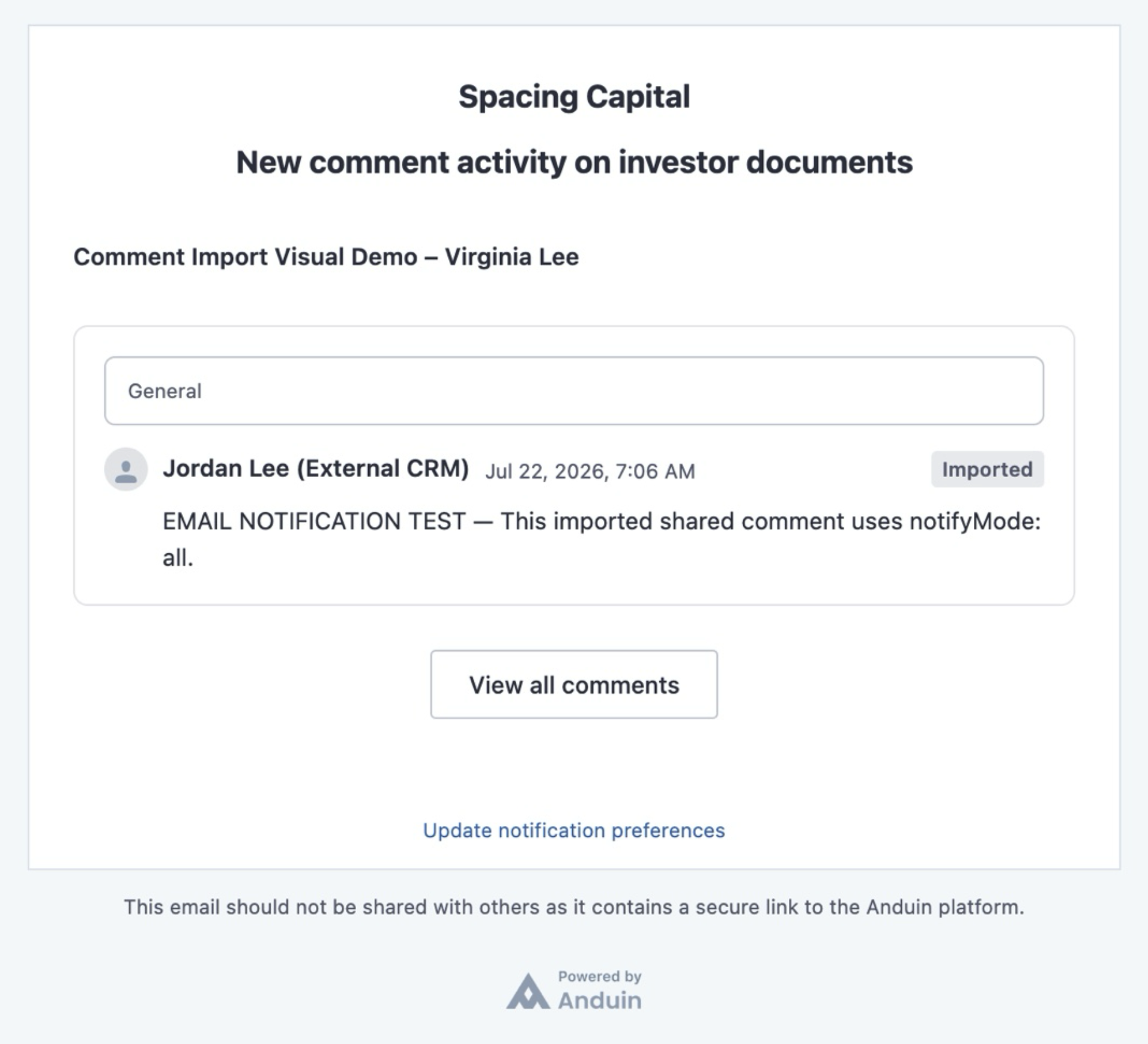 Notification email titled New comment activity on investor documents, showing the fund name, the subscription, the General thread, and an imported comment from Jordan Lee (External CRM) with an Imported tag and a View all comments button