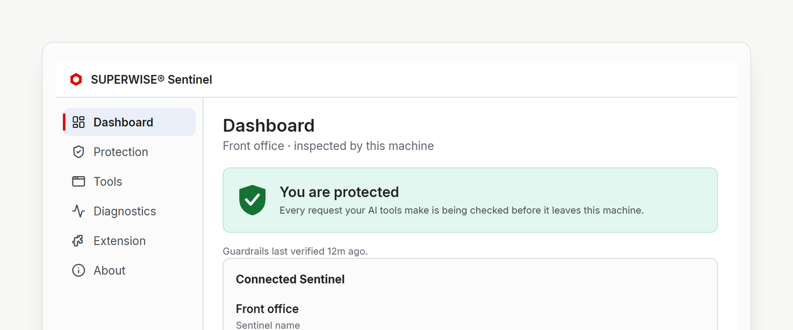 Sentinel for Windows Dashboard tab: a green You are protected banner above the connected Sentinel, named Front office