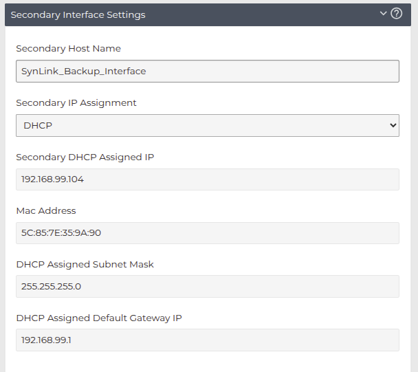 Secondary Interface Settings section