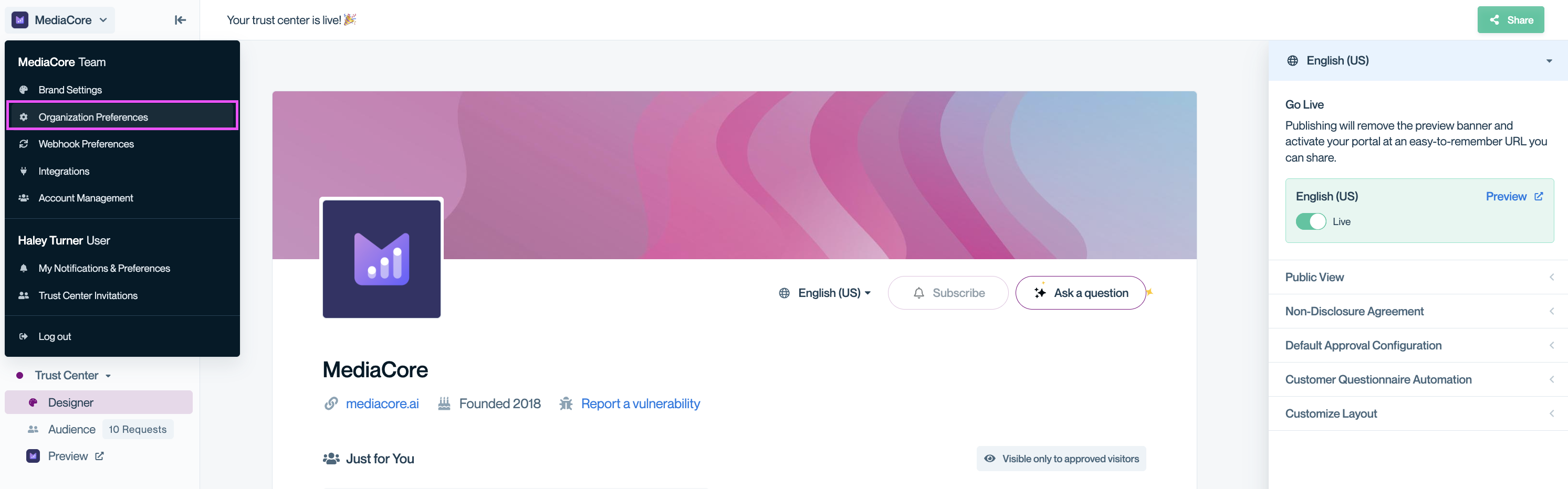 Access Request Notifications settings in Organization Preferences. Conveyor Designer view with the left navigation menu open. The “Organization Preferences” option is highlighted in pink.