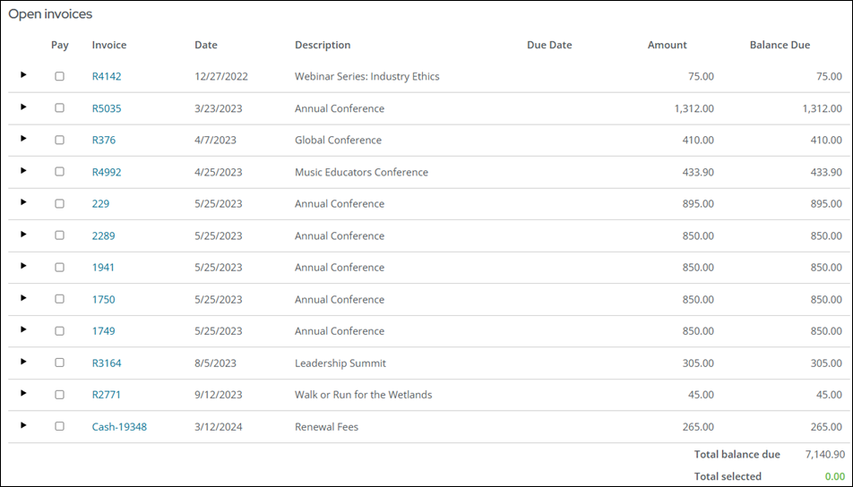 Viewing open invoices on an account page
