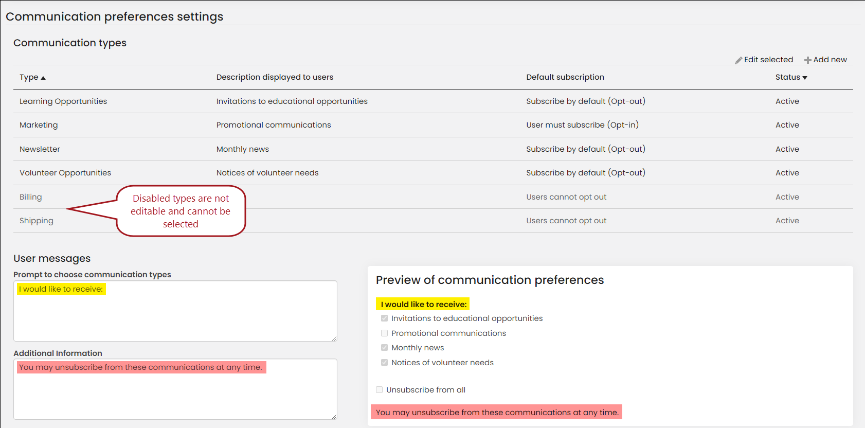 Viewing the Communication preferences setting, which are divided into sections: Communication types and User messages. The Communication types section lists types like Learning Opportunities, Marketing, Newsletter, Volunteer Opportunities, Billing, and Shipping, each with a description, default subscription option, and status, which is Active for all. Notably, Billing and Shipping are marked as Users cannot opt out, and a red annotation points to this, stating Disabled types are not editable and cannot be selected. The User messages section shows a prompt saying I would like to receive: and a Preview of communication preferences with various subscription options users can select. At the bottom, a note states You may unsubscribe from these communications at any time. and buttons for Refresh Preview and Save are visible.