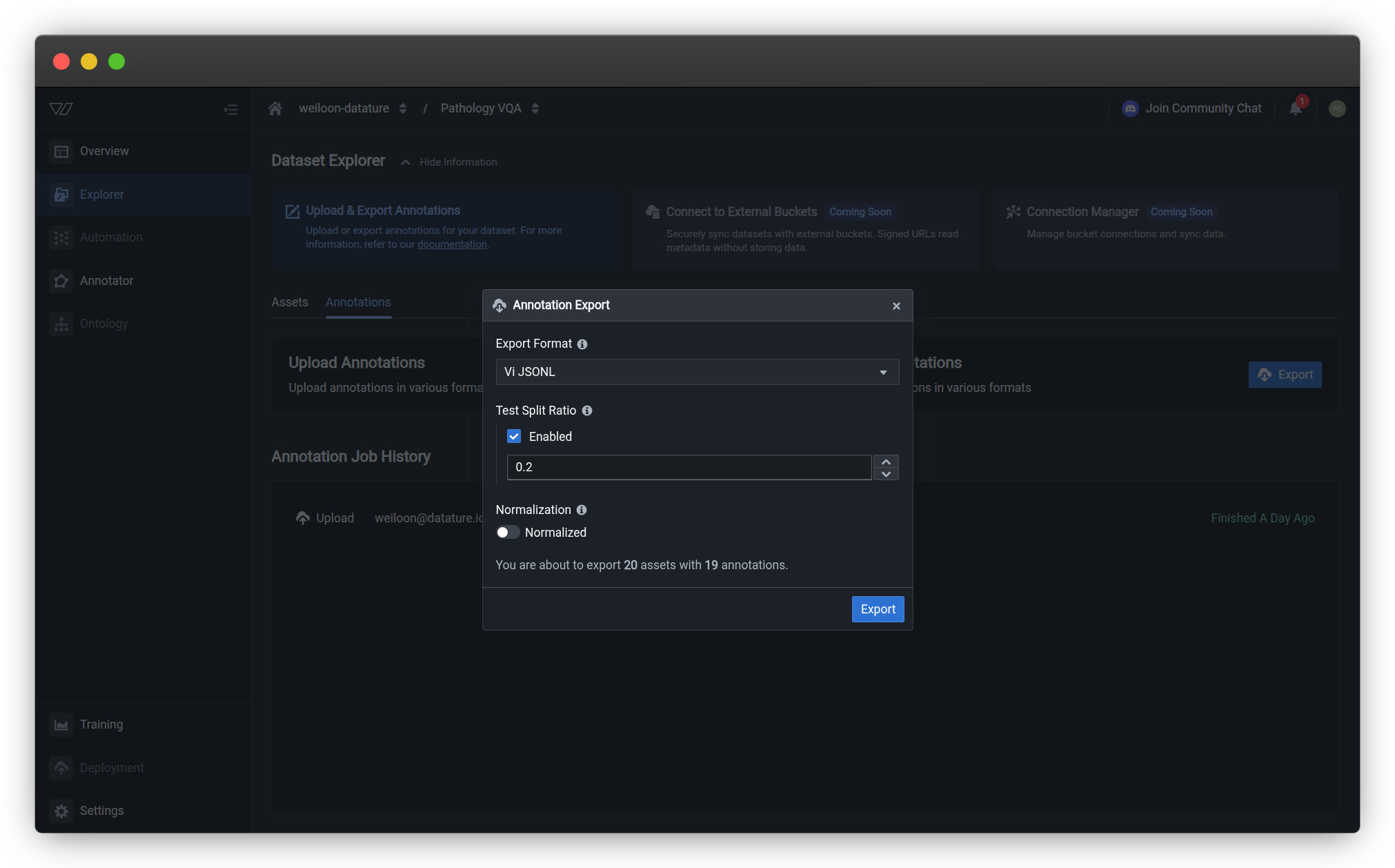 Annotation Export dialog with Vi JSONL format selected