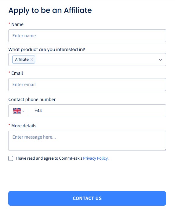 Screenshot of the application form