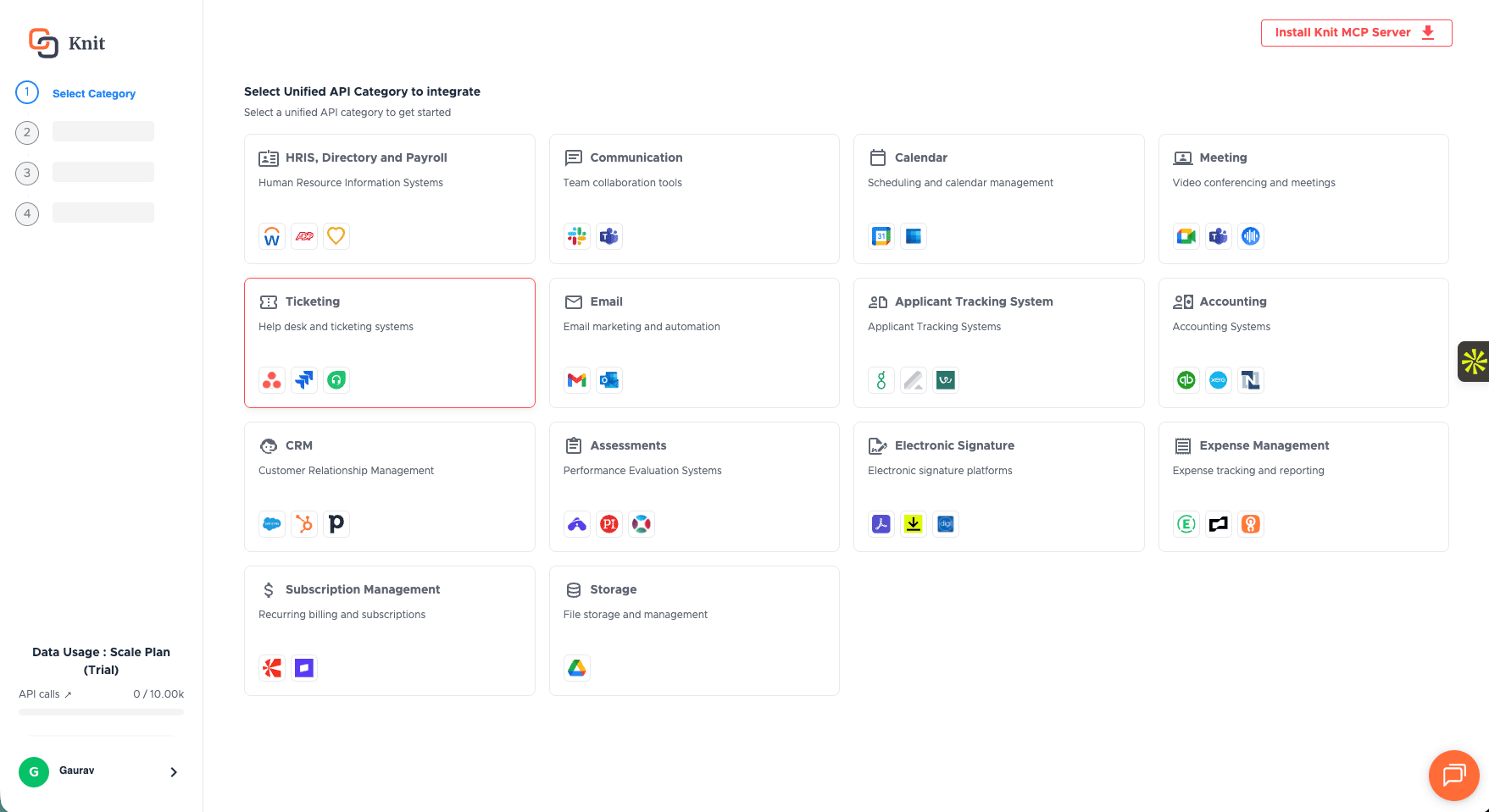 Select a Category of Integrations to Enable