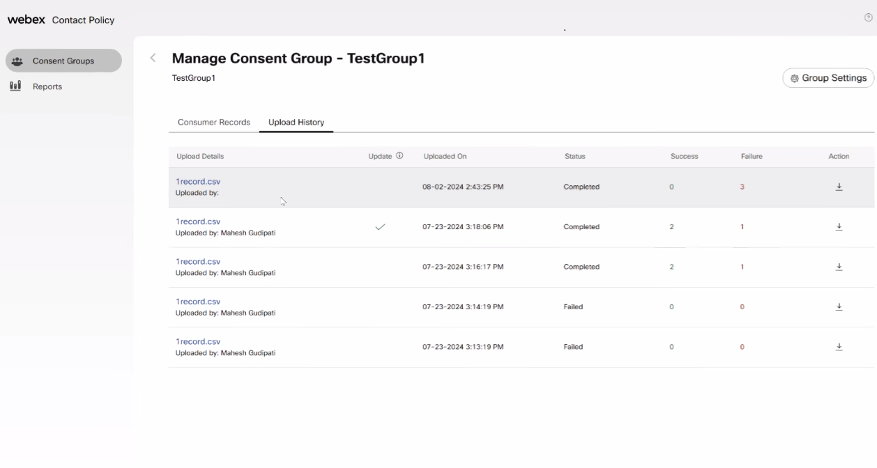 Screenshot of upload history