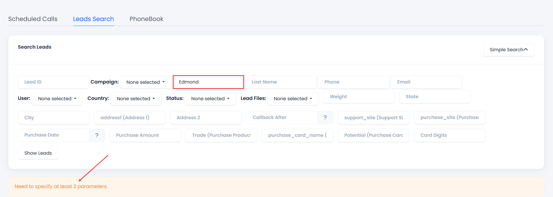 Screenshot of the search error message