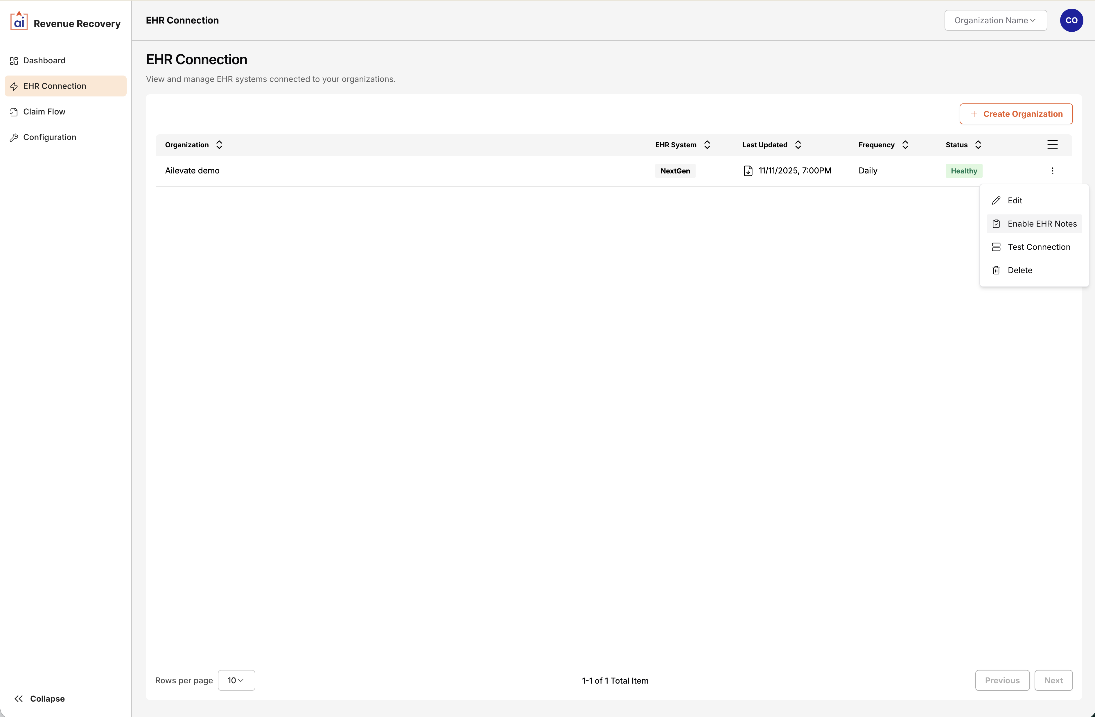 EHR connection settings showing the Enable Claim Notes toggle