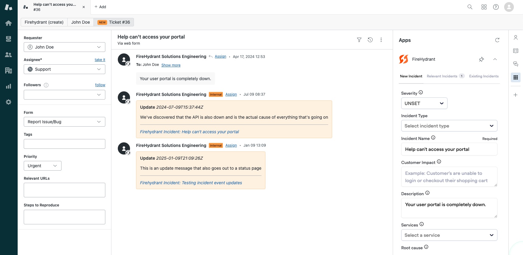 Looking at the FireHydrant app while managing a customer ticket in Zendesk