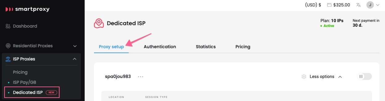 The Proxy setup section.