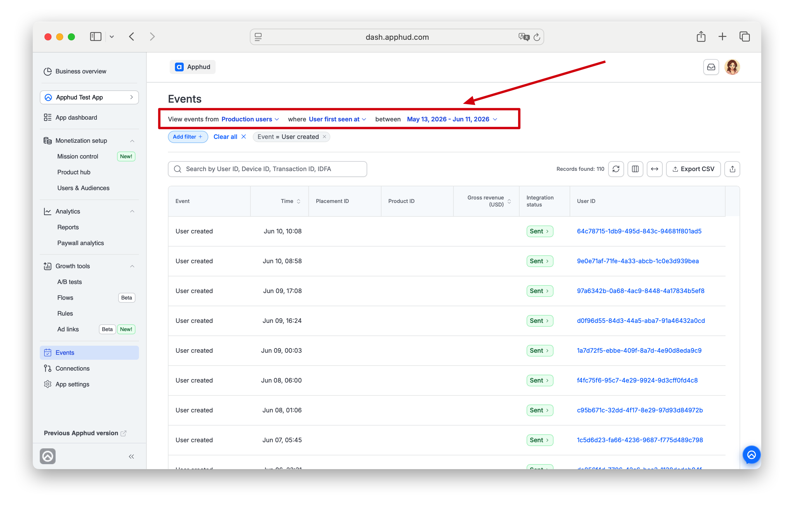 Events View - Choose Environment, cohort or calendar, and time period