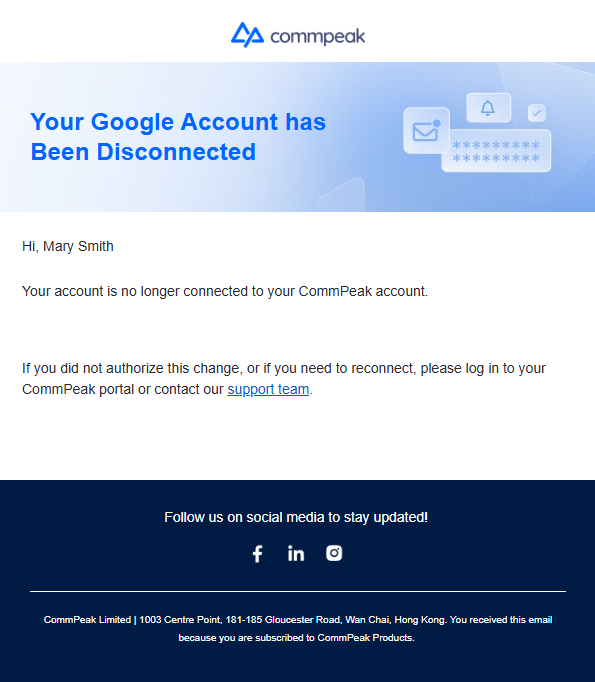 Screenshot of the Google account has been disconnected email
