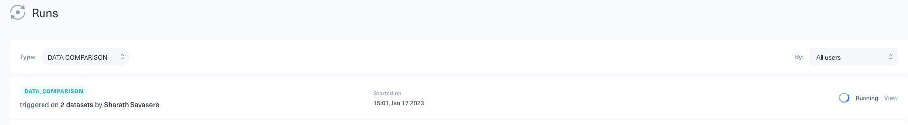 Dataset comparison jobs are listed on the Runs page