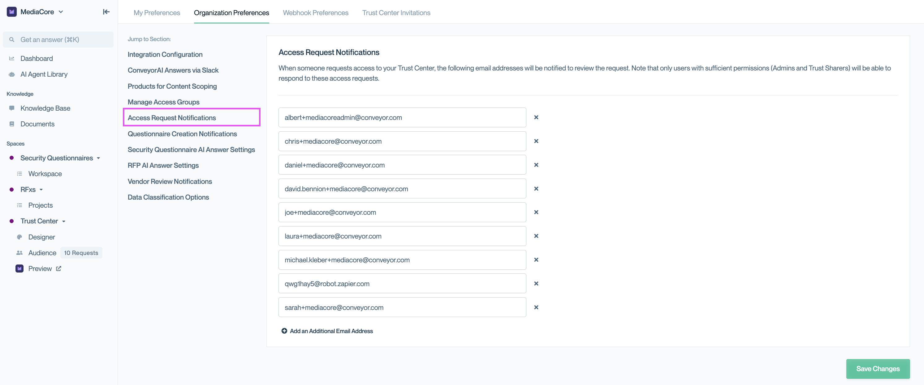 Access Request Notifications settings in Conveyor’s Organization Preferences.