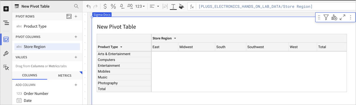 Pivot table showing product type as the row and store region as the column