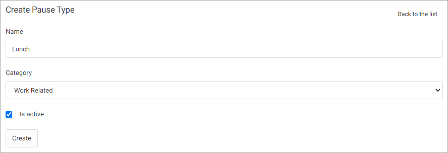 Screenshot of the **Create Pause Type** form