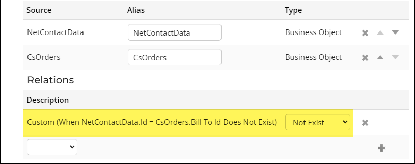 Viewing the NetContactData.ID NOT EXISTS CsOrders.Bill To ID join