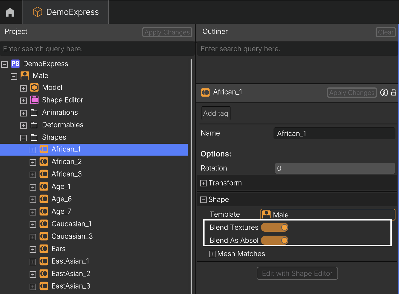 Blend Textures and Is Facial Variation toggles.