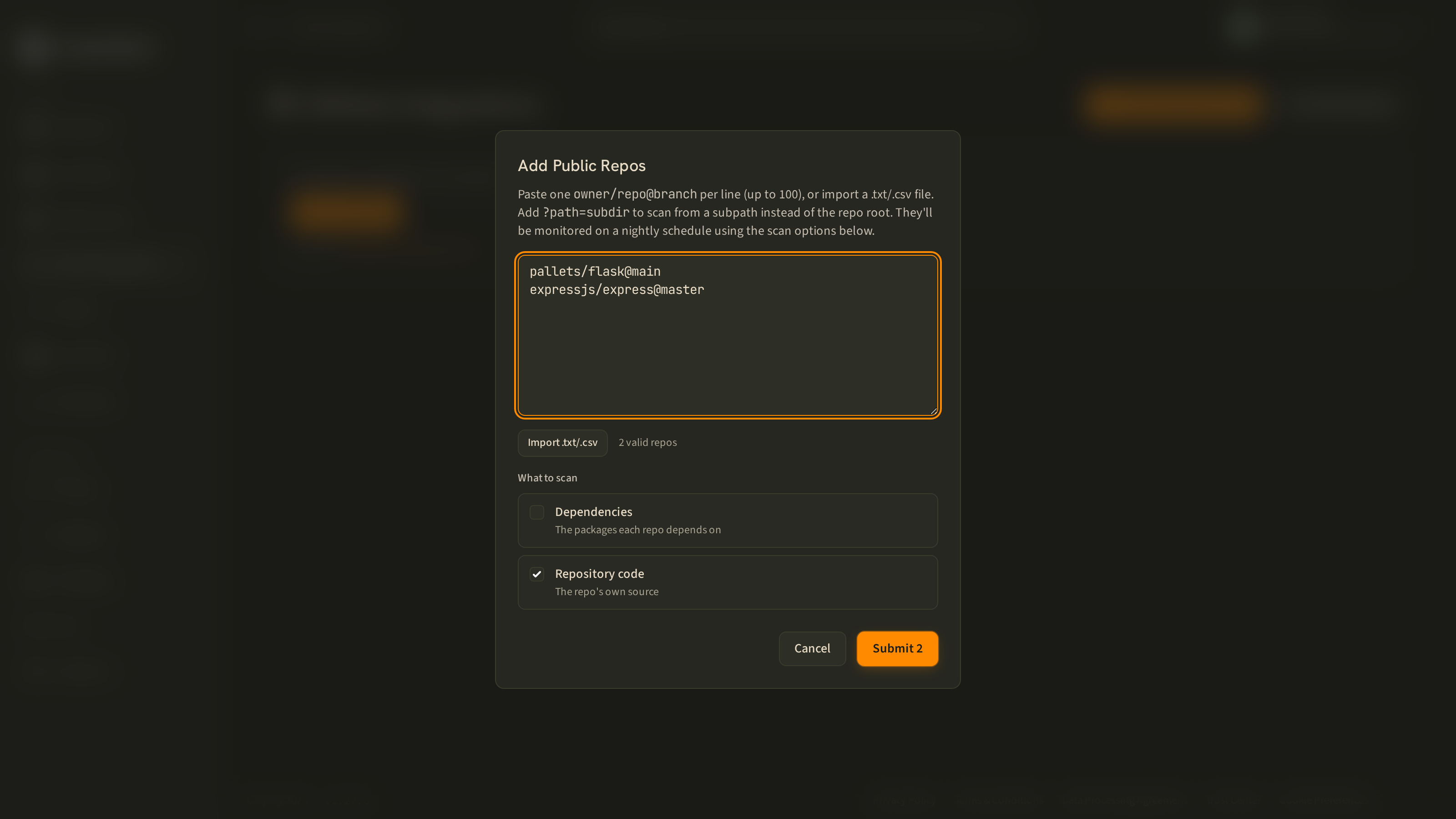 The bulk import dialog