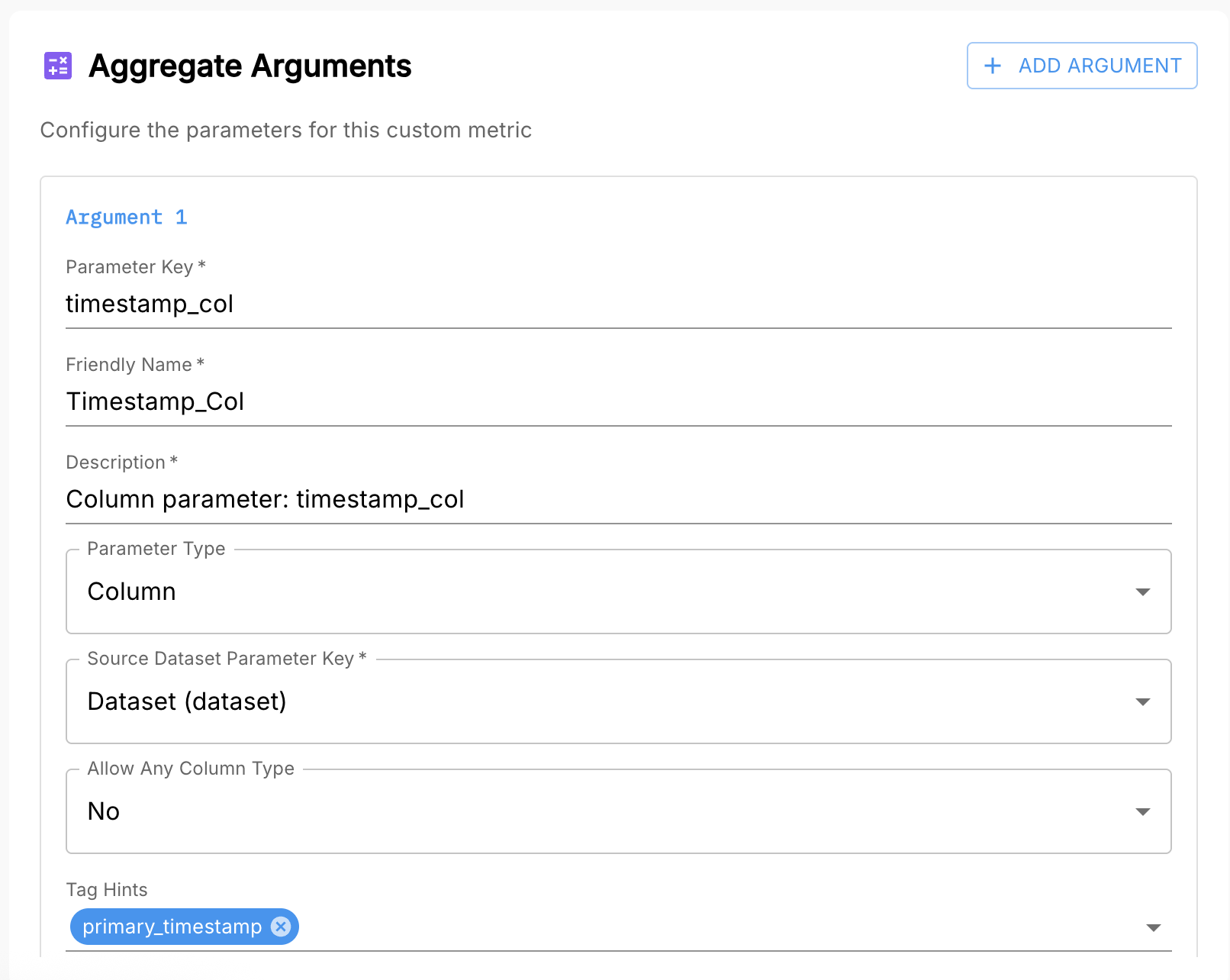 Aggregate arguments configuration in the UI