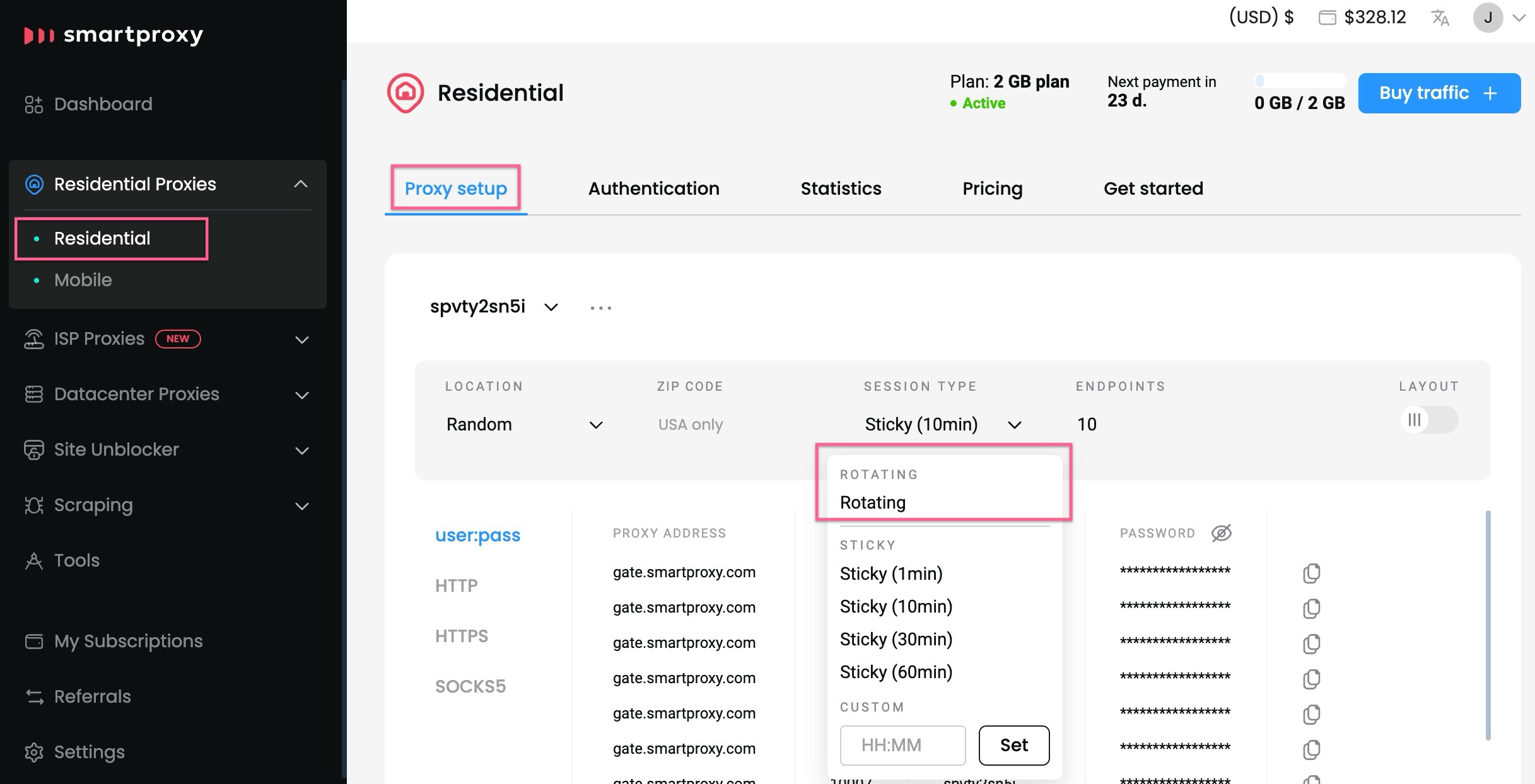 Proxy setup – rotating session type selection.