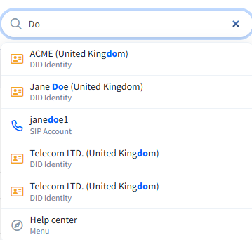 Screenshot: top navigation with the search bar and an open results list