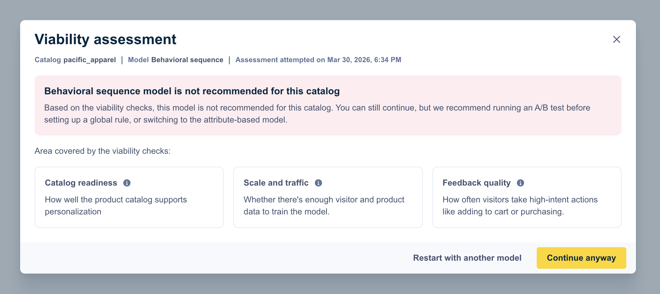 Viability check results showing failed criteria with red indicator