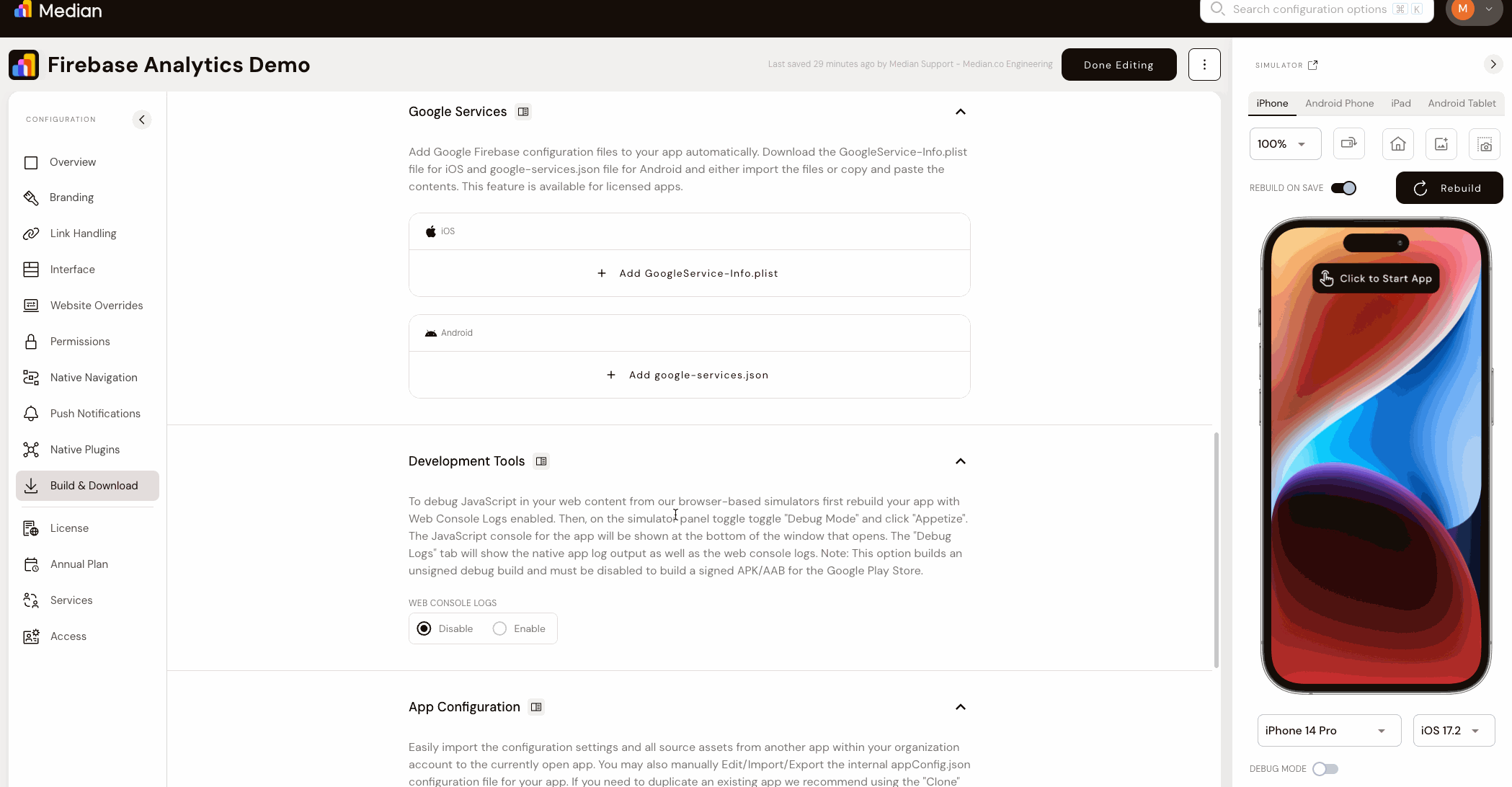 Upload your GoogleService-Info.plist and google-services.json configurations