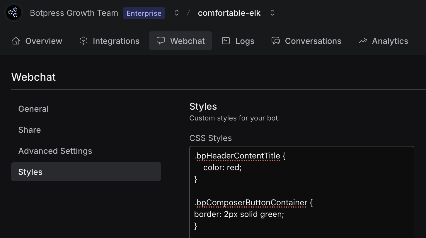 The image shows the "Styles" section of the Botpress web interface. Users can add custom CSS to style the webchat, with examples displayed for changing the title color to red and adding a green border to buttons. The left-hand menu includes "General," "Share," "Advanced Settings," and "Styles."