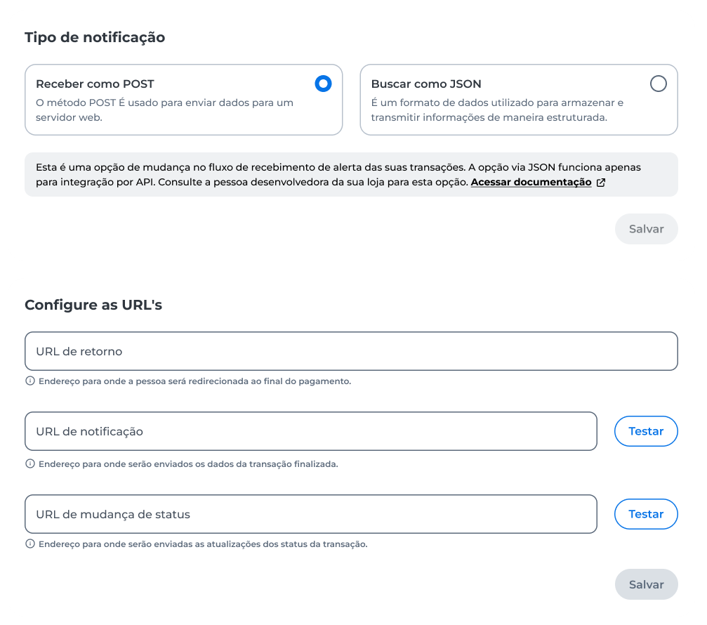 Tela da página Notificação de Pagamentos com campos para URLs de retorno, notificação e mudança de status