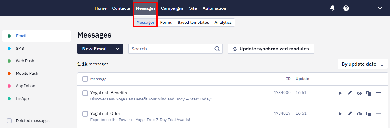 Message list in the Messages section