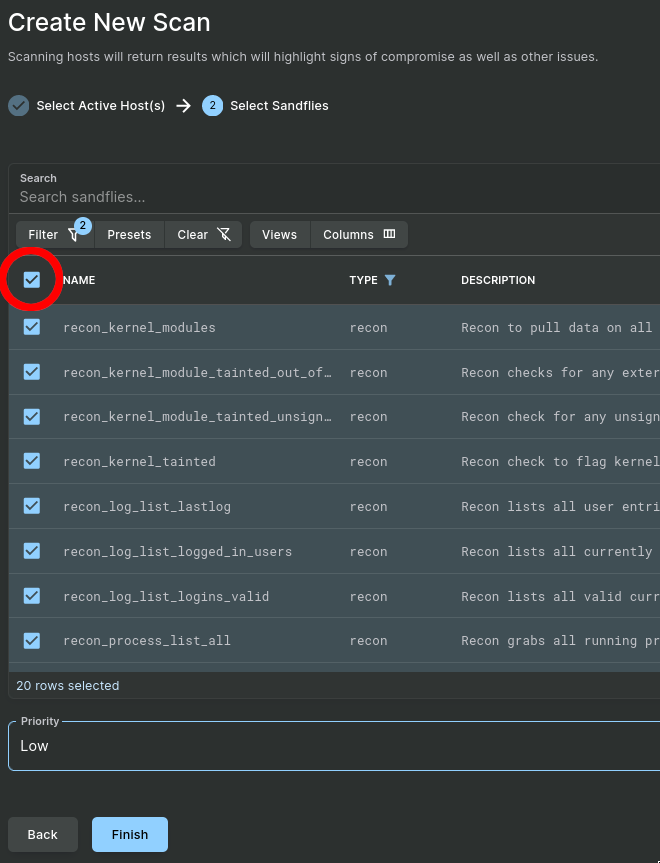 Screenshot showing the "select all" box being checked to select all sandflies.