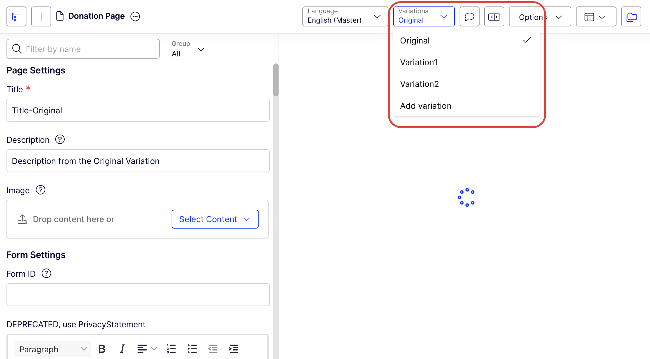 Original and two variations in CMS (SaaS)