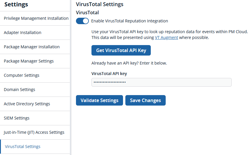 VirusTotal settings