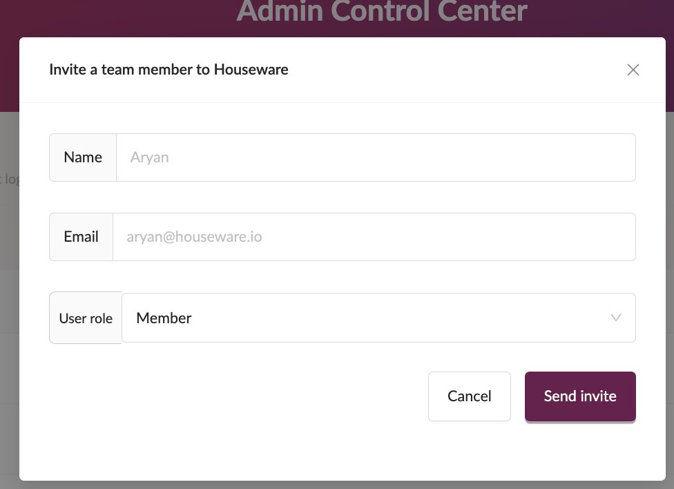 New user invite modal