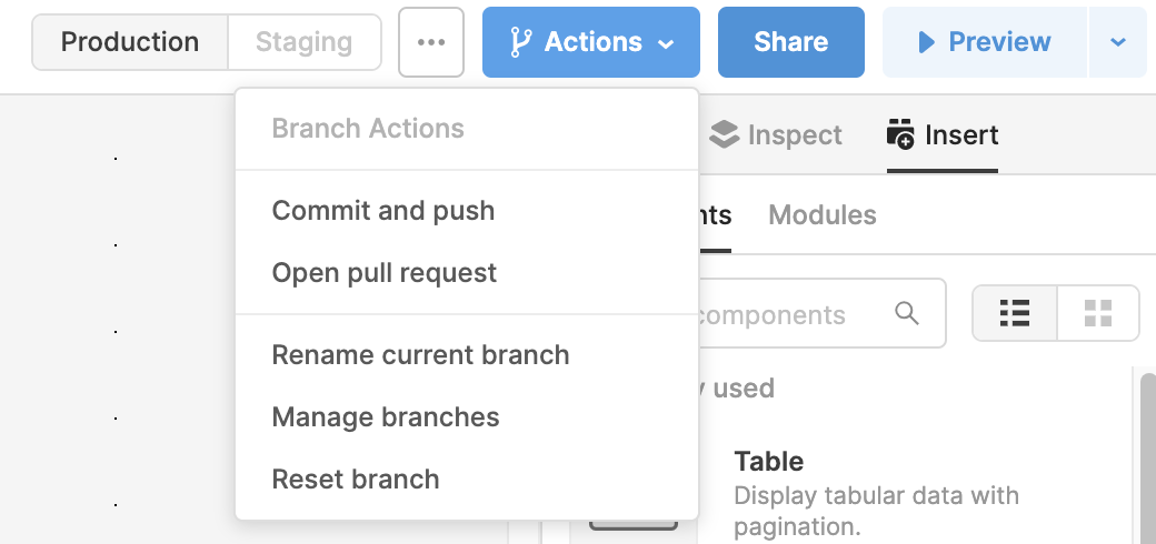 Click the "Actions" dropdown in the Editor, select "Rename current branch"