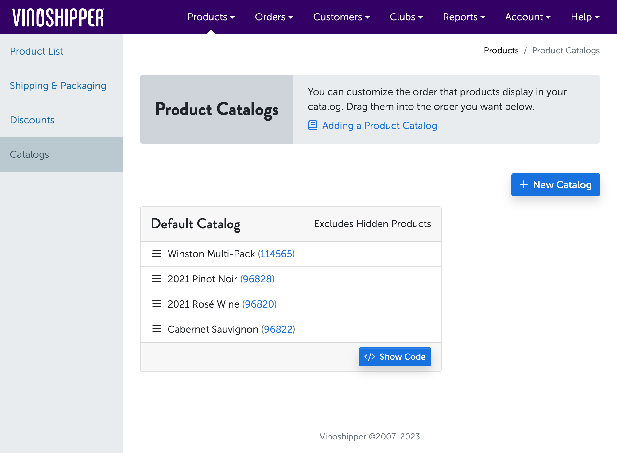 Sample view of the Producer's Product Catalog Admin