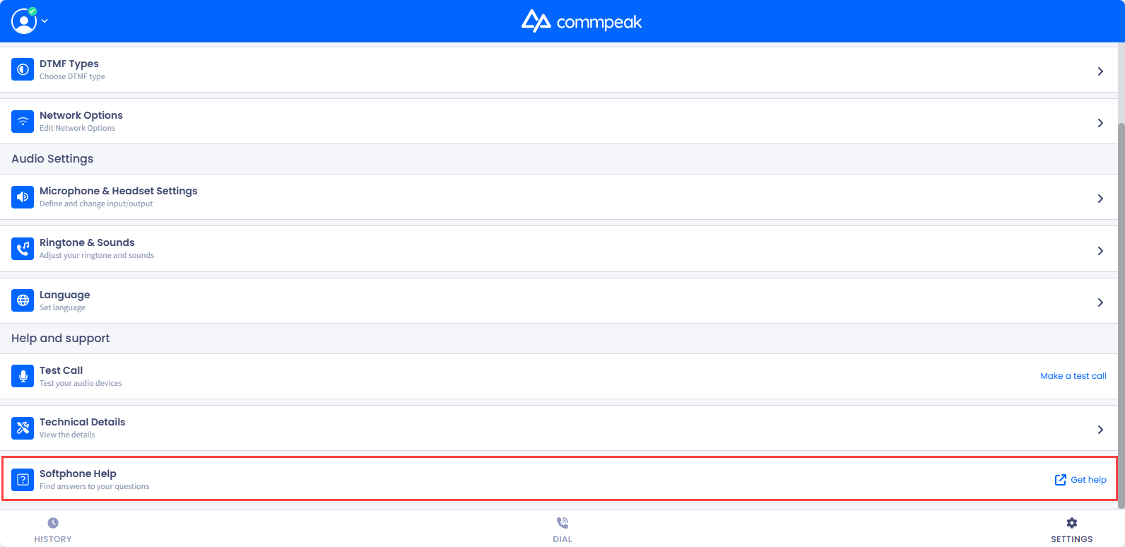 Screenshot of the Softphone Help option