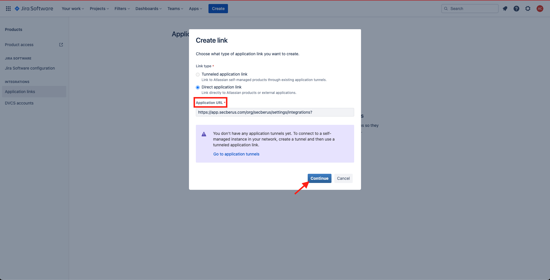 Populate the 'Application URL' and click 'Continue'
