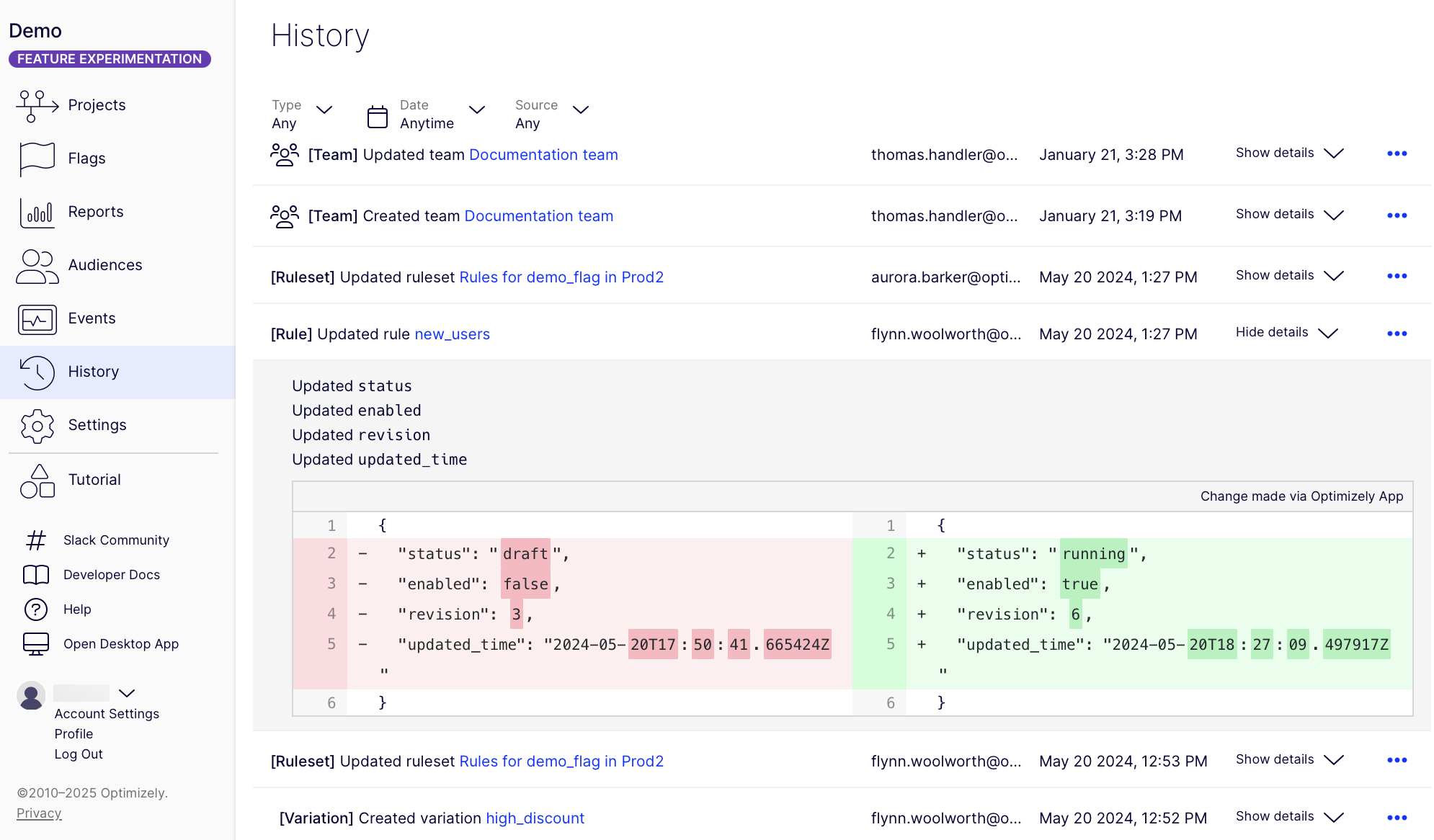 Change details in a Feature Experimentation project