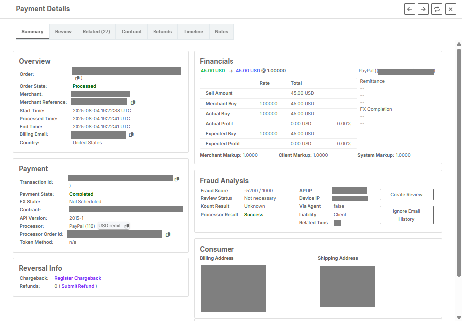 Screenshot of the Payment Details' Summary tab