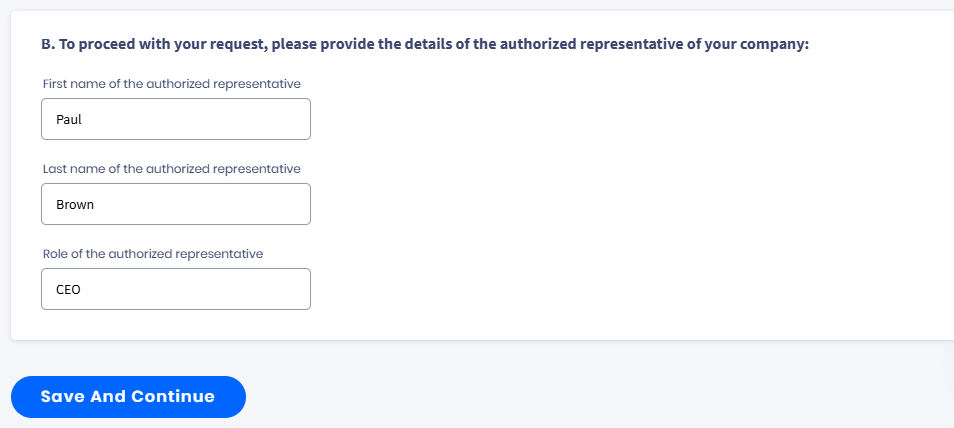 Screenshot with company’s authorized representative details