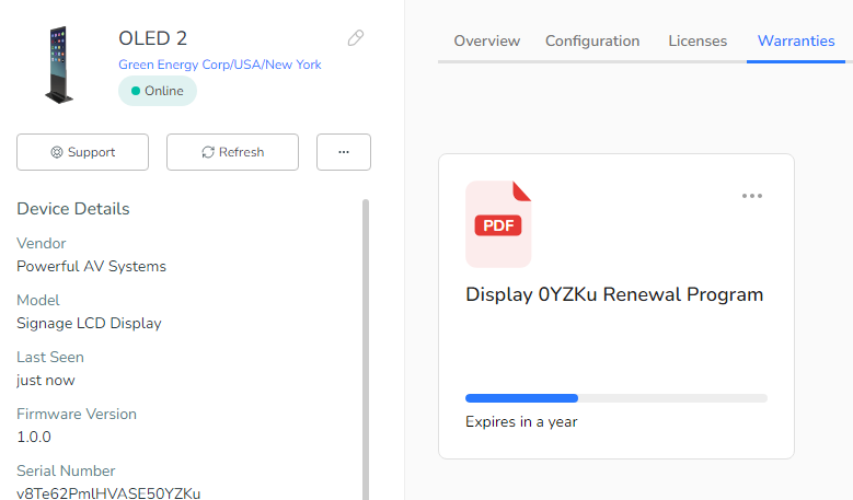 Warranties tab showing an uploaded warranty document.